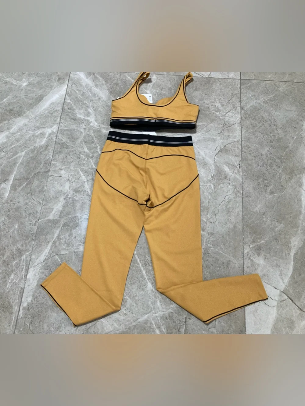 ALO Yoga Mustard Yellow Legging and Crop Top Set with Black Waistband